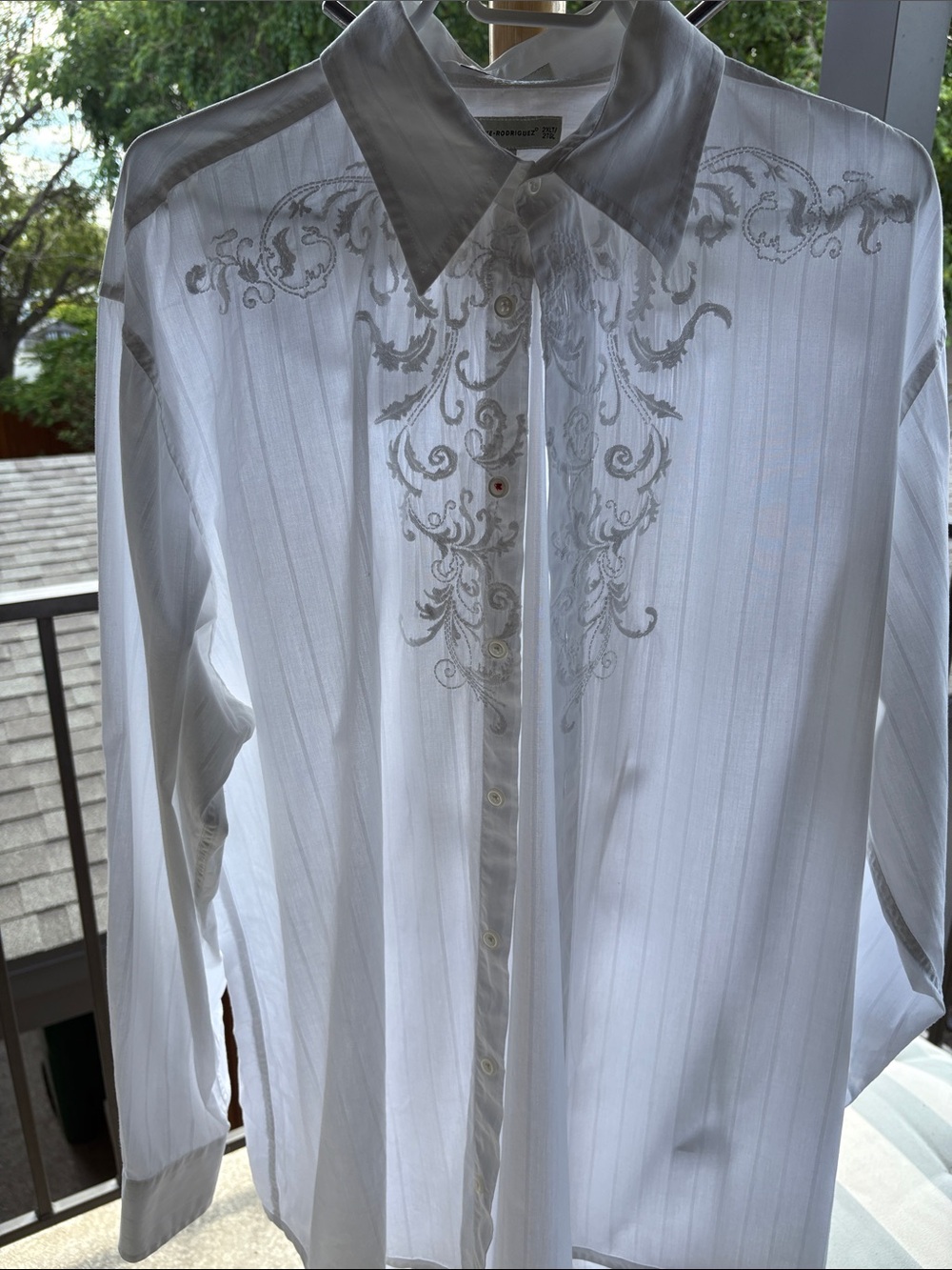 Men's Wilke-Rodriguez White Embroidered Dress Shirt with Scroll Detail